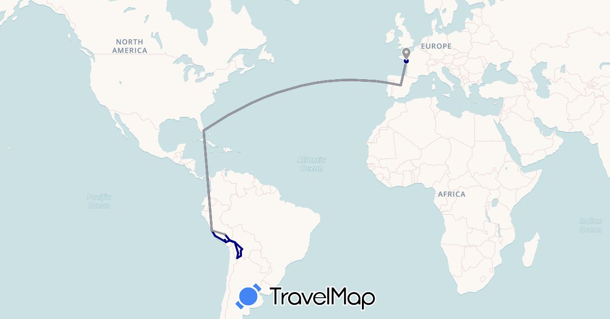TravelMap itinerary: driving, plane in Bolivia, Spain, France, Peru, United States (Europe, North America, South America)